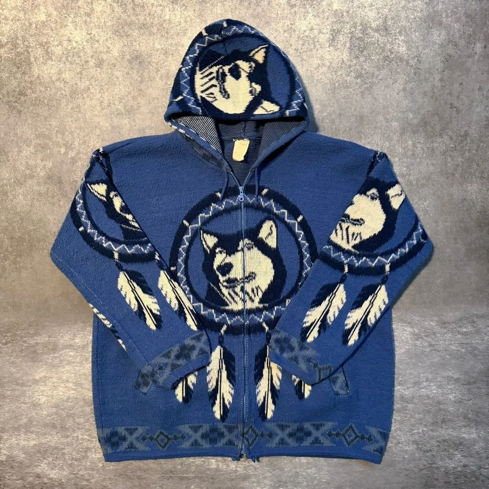 VTG Wool Wolf Dreamcatcher Zip Up Hoodie Native American Blue Mens XL Ecuador
